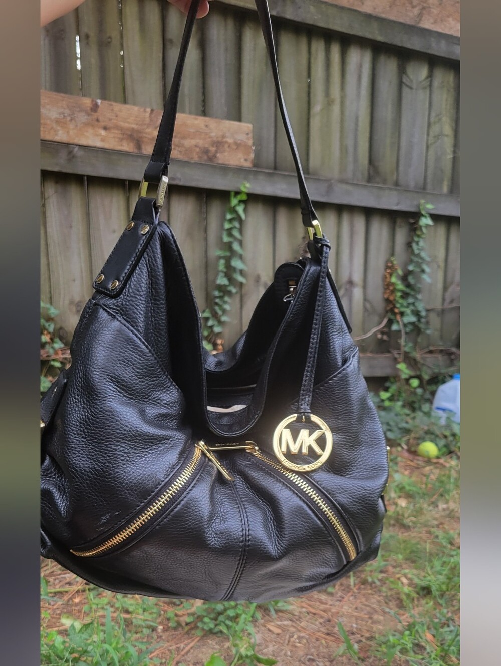 Michael Kors Black Pebbled Leather Shoulder Hobo with Gold MK Charm